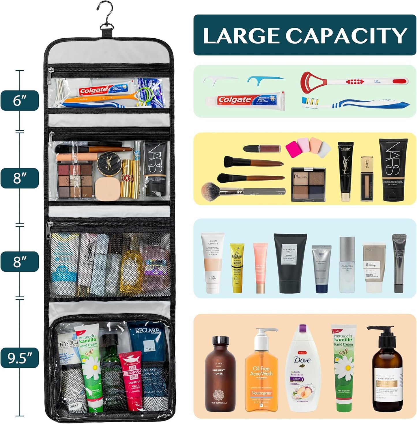 PAVILIA Travel Hanging Toiletry Bag for Women Men, Large Capacity Makeup Bag Kit, Waterproof Cosmetic Storage Organizer Case for Bathroom Shower