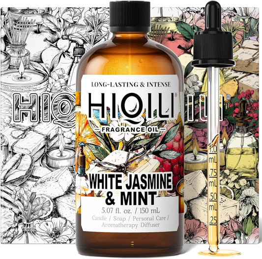 HIQILI White Jasmine & Mint Fragrance Oil for Diffuser, Candle, Soap & Perfume Making, Floral Herbal Scent with Fresh Tea Notes, Long-Lasting Scent - 5.07 Fl Oz