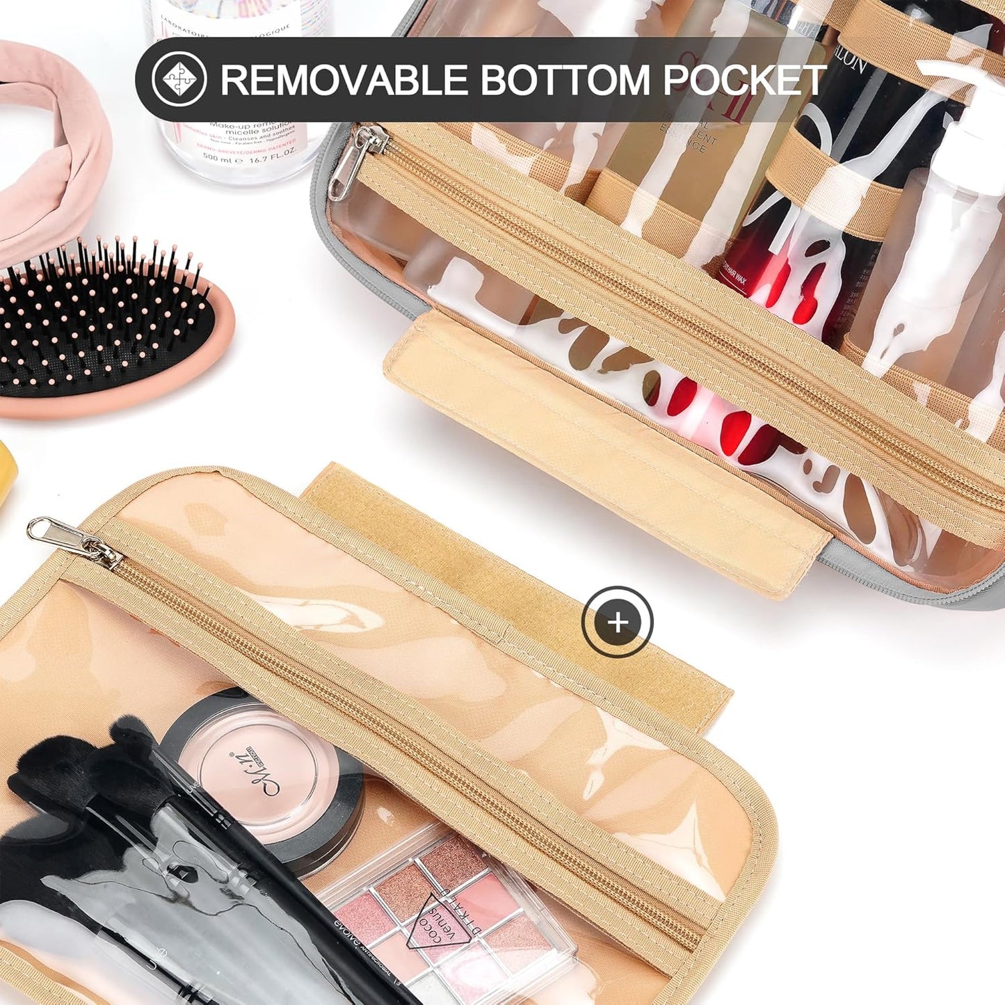 Travel Hanging Toiletry Bag for Women, Large Makeup Bag 8 Leak Proofing Silicone Bottle Covers, Waterproof Cosmetic Bag with Jewelry Organizer Compartment, Toiletries Kit Set, Grey