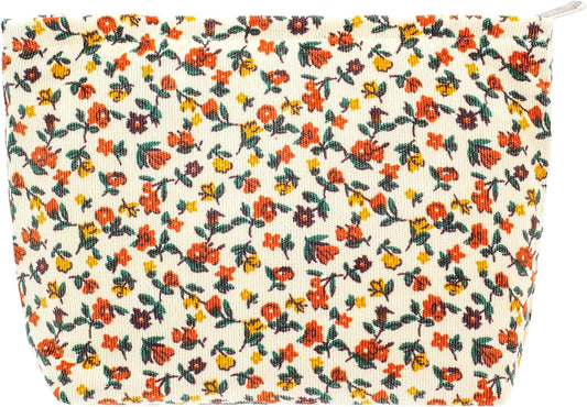 PAZIMIIK Makeup Bag Large Zipper Corduroy Make Up Pouch for Purse Travel Canvas Cosmetic Organizer for Women Brush Storage,Floral White