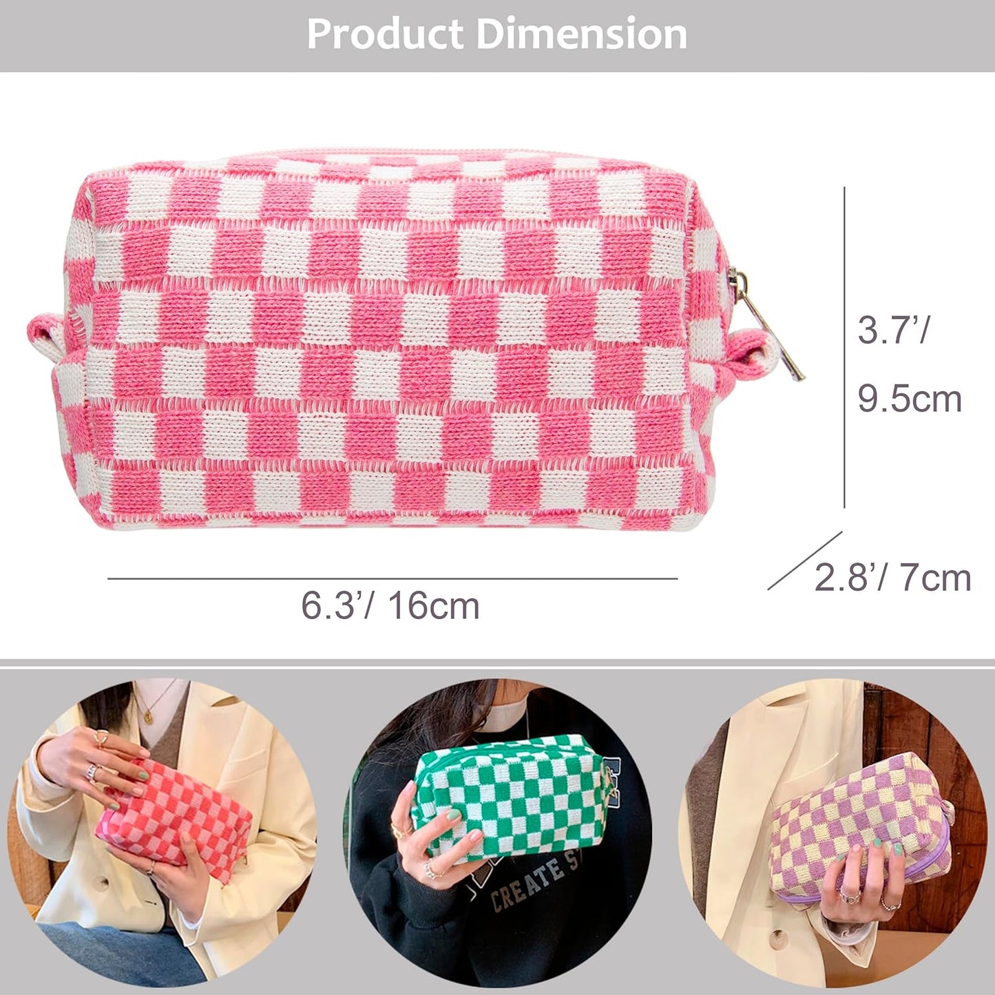 Checkered Makeup Bag for Purse Portable Zipper Make Up Pouch Small Cosmetic Case for Travel Accessories Pink White