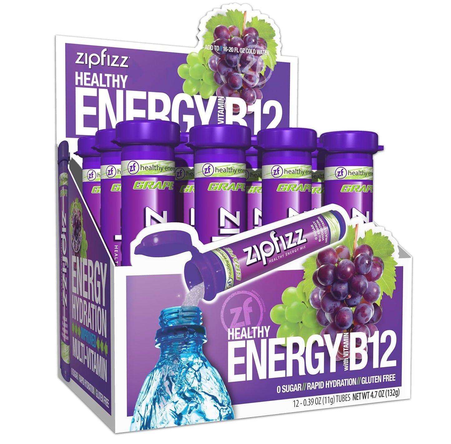 Zipfizz Daily Energy Drink Powder, Grape, 12 Pack | 3-in-1 Sustained Energy, Rapid Hydration, and Essential Vitamins | Sugar-Free | Electrolyte Powder | Contains Vitamin B-12 & Antioxidants