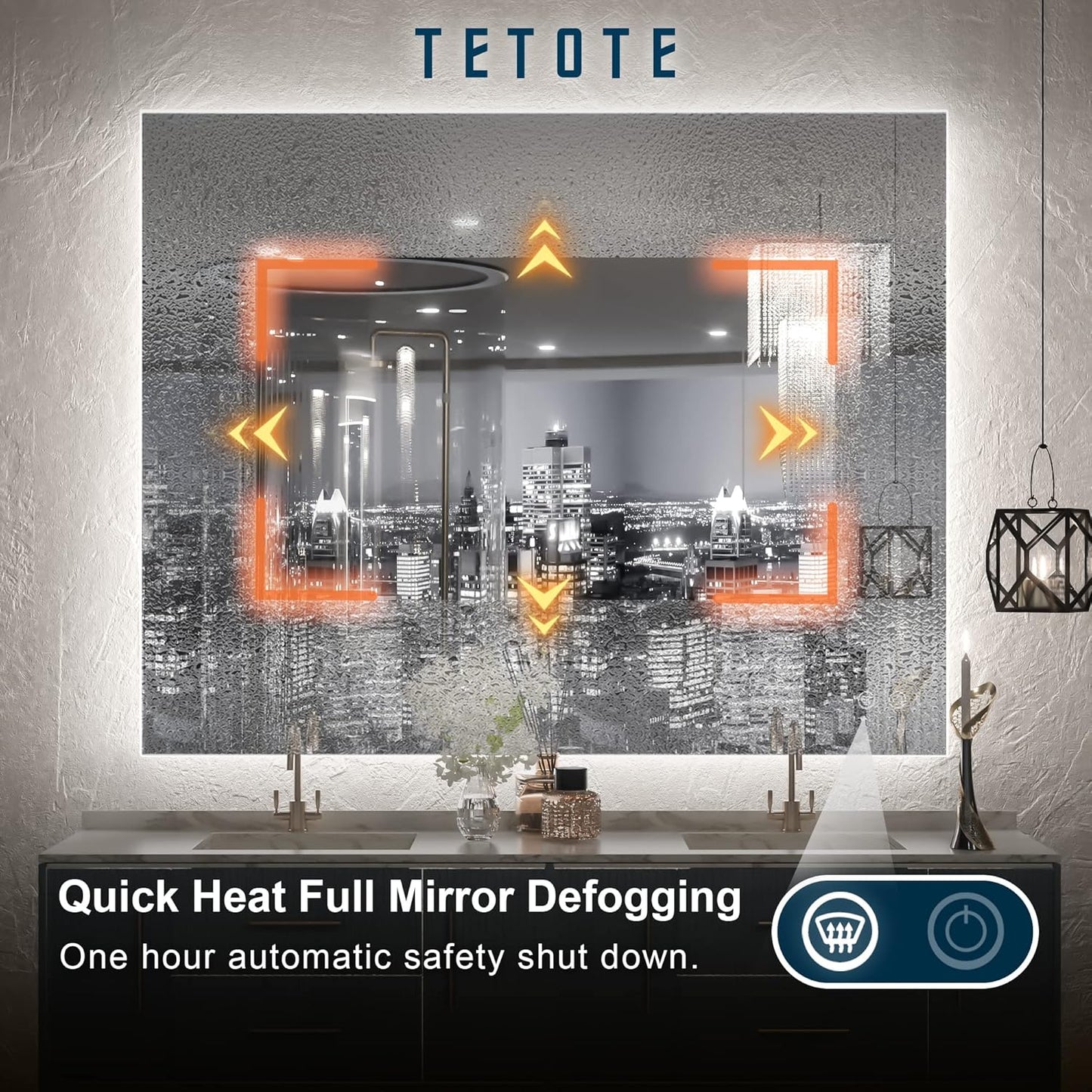 TETOTE 40 x 32 LED Backlit Bathroom Mirror with Light,3Color White/Warm/Natural,Anti-Fog Lighted Mirror,Dimmable,Vanity Mirror,Wall Mounted