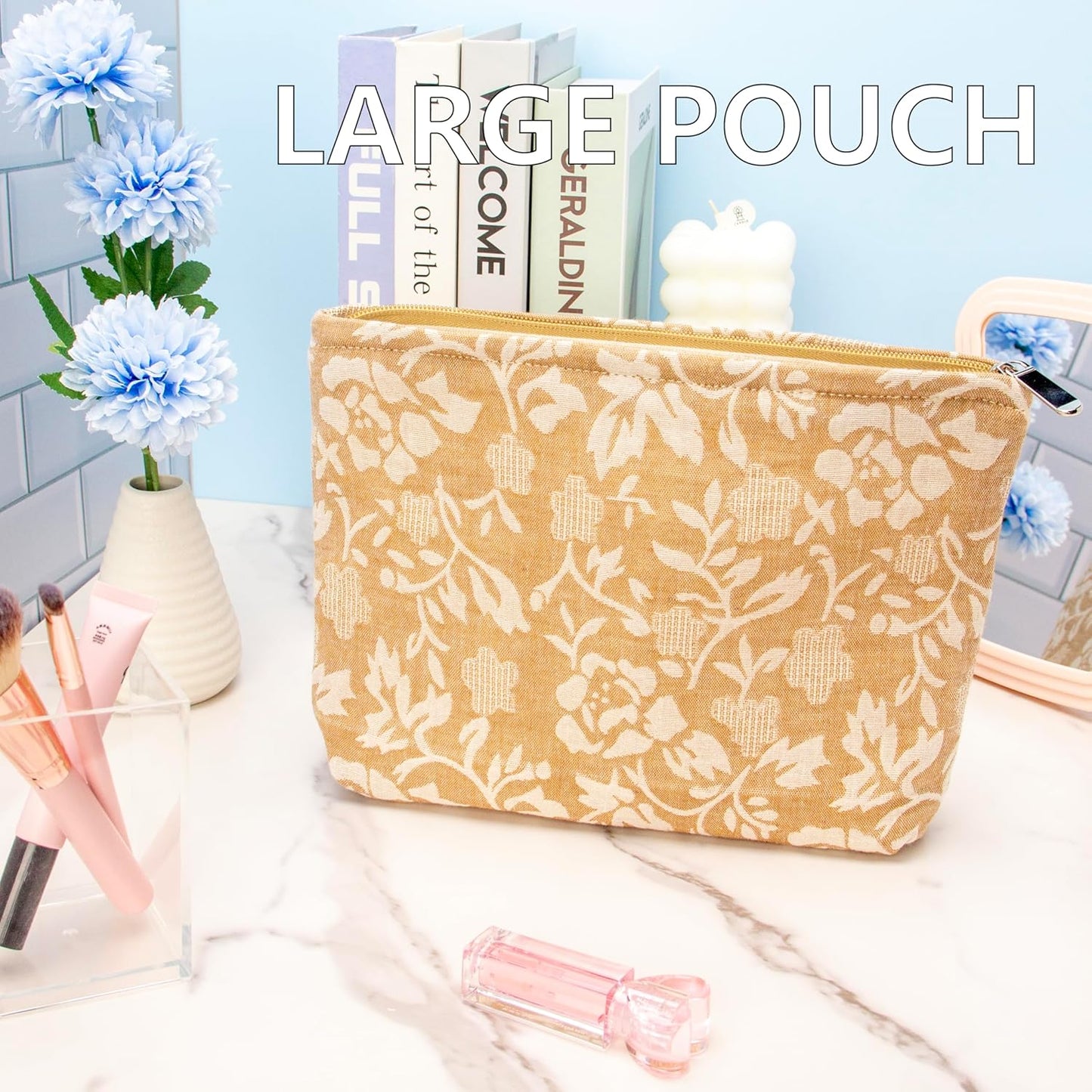 PAZIMIIK Makeup Bag Large Cotton Zipper Pouch for Purse Travel Canvas Make Up Organizer for Women Cosmetic,Rose Linen