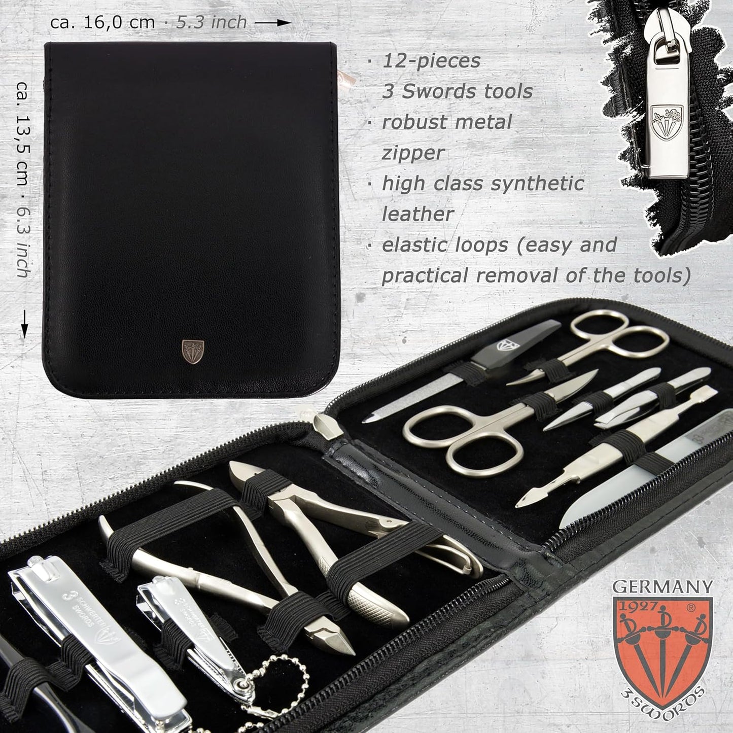 3 Swords Germany - brand quality 12 piece manicure pedicure grooming kit set for professional finger & toe nail care with black synthetic leather case - Made in Germany
