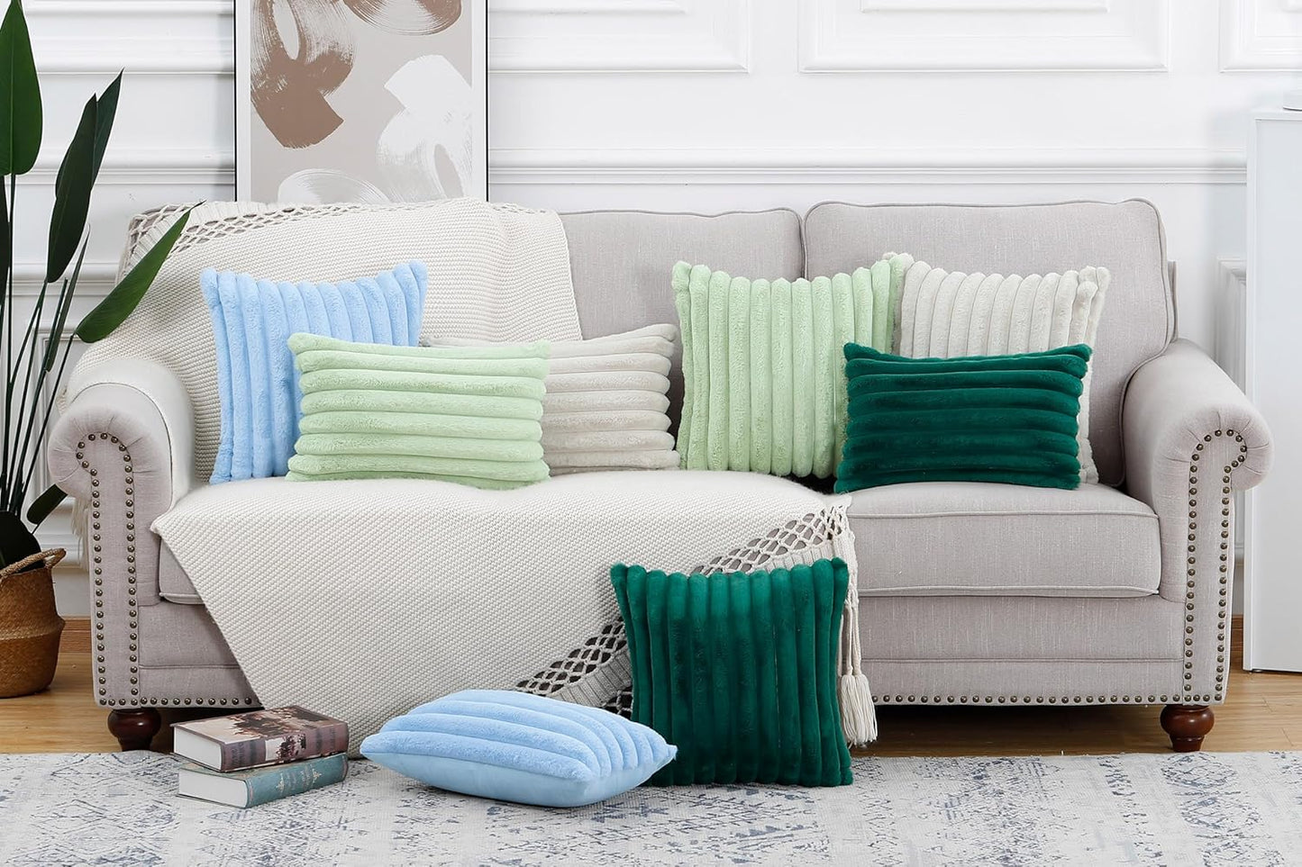 MADIZZ Set of 2 Faux Wool Plush Decorative Throw Pillow Covers 18x18 Inch Light Blue Fluffy Striped Soft Decorative Cushion Cover for Sofa Bedroom Pillow Shell