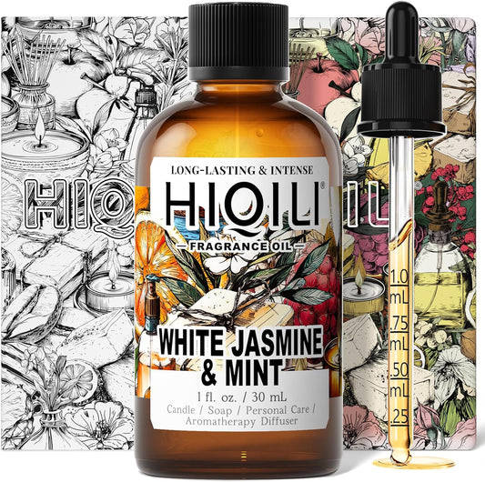 HIQILI White Jasmine & Mint Fragrance Oil for Diffuser, Candle, Soap & Perfume Making, Floral Herbal Scent with Fresh Tea Notes, Long-Lasting Scent - 1 Fl Oz